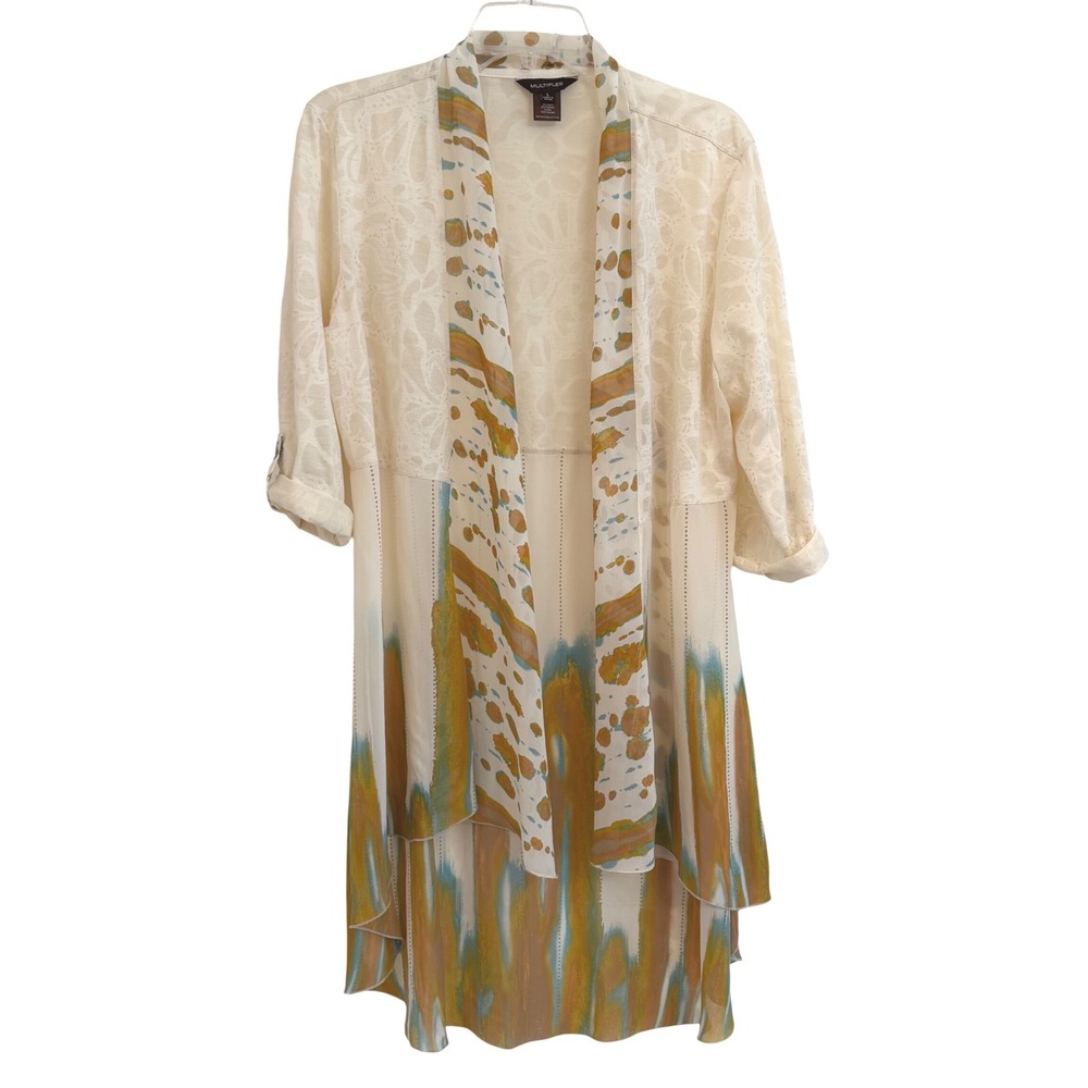 Multiples Women Open Front Boho Duster Mixed Media Dip Dye Abstract Roll Tab L